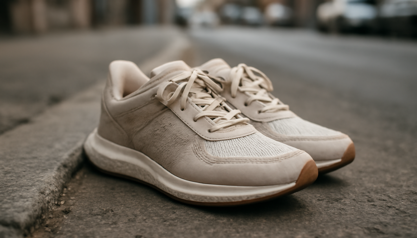 paire de baskets sur trottoir urbain