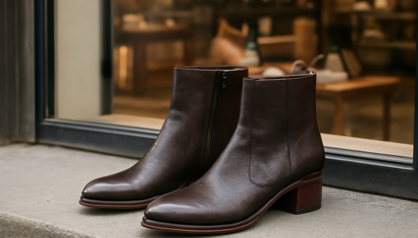 bottines posees pres d'une vitrine de boutique