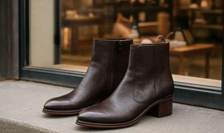 bottines posees pres d'une vitrine de boutique