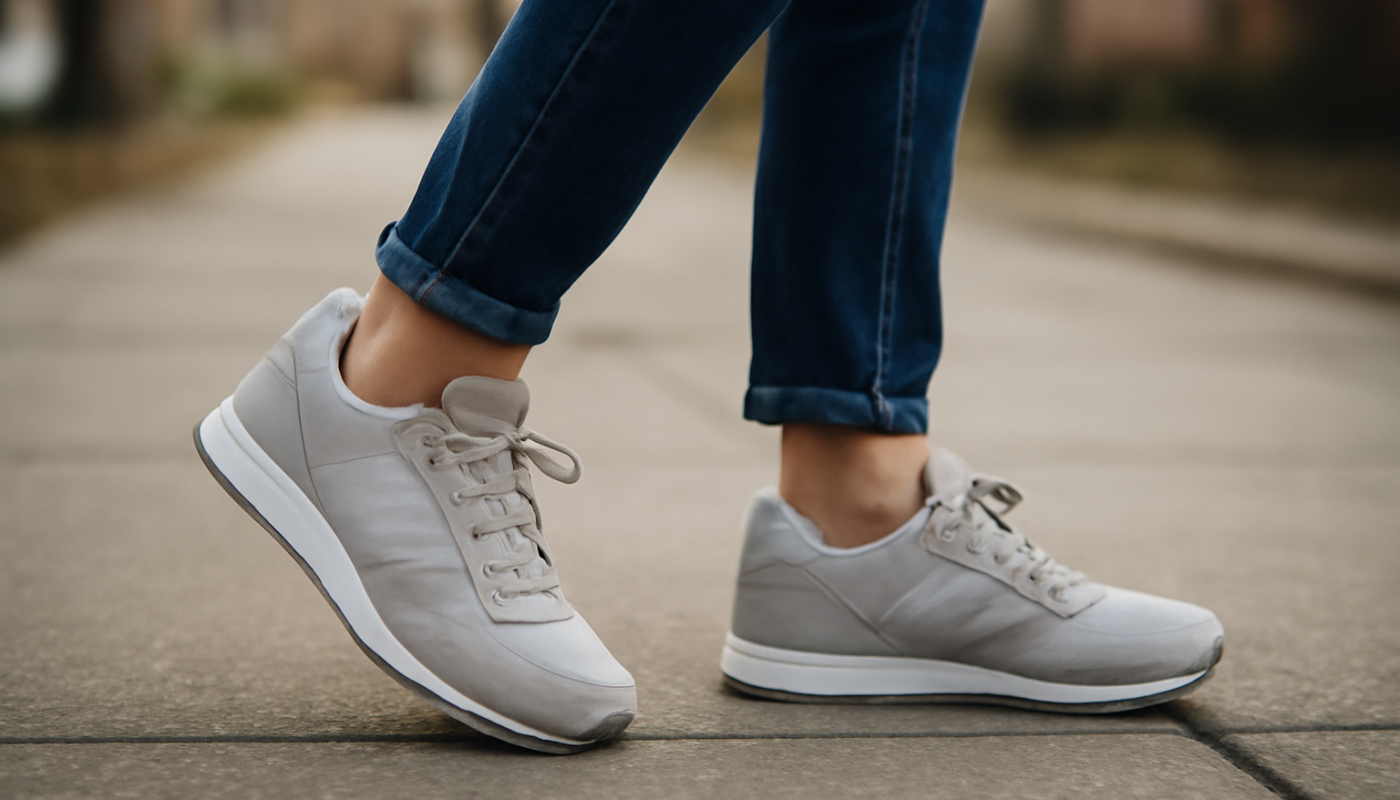 personne marchant en sneakers sur trottoir