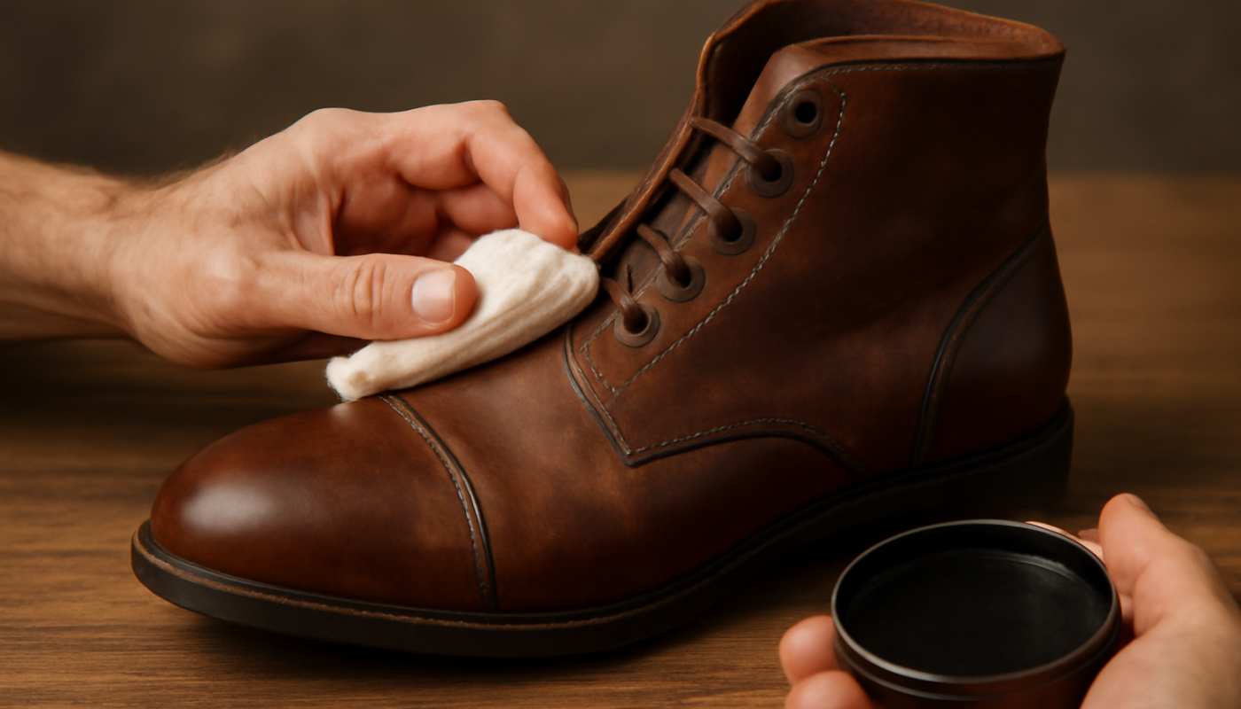 mains appliquant cire sur bottine en cuir