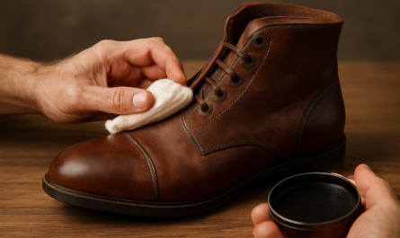 mains appliquant cire sur bottine en cuir