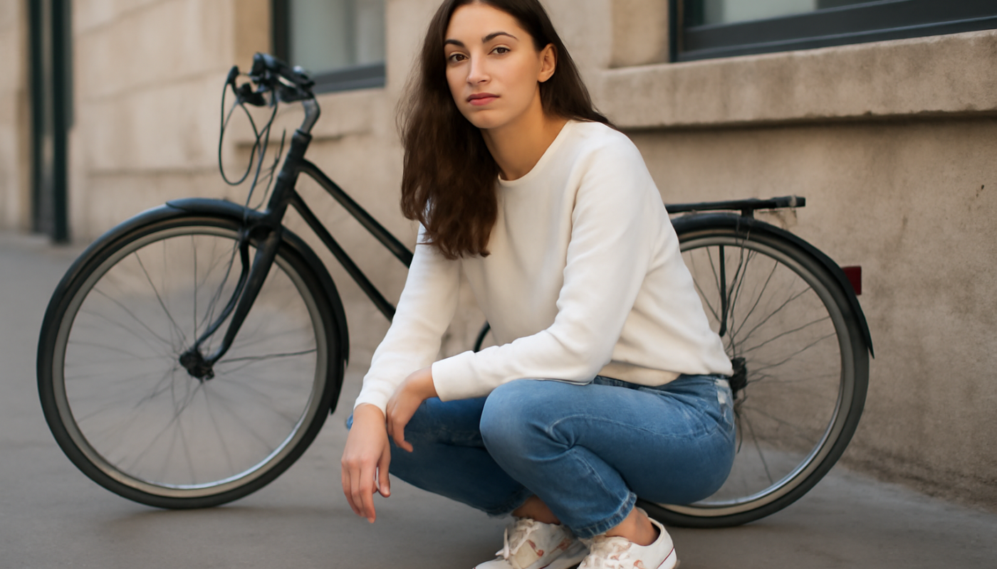 femme en baskets près d'un vélo