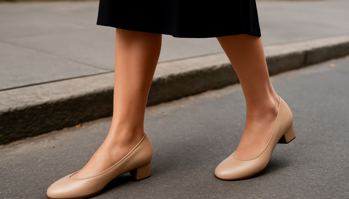 femme portant talons bas sur trottoir