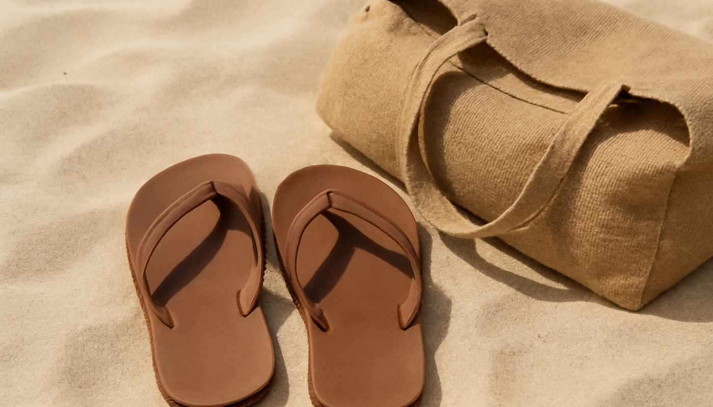 tongs posees sur sable a cote d'un sac