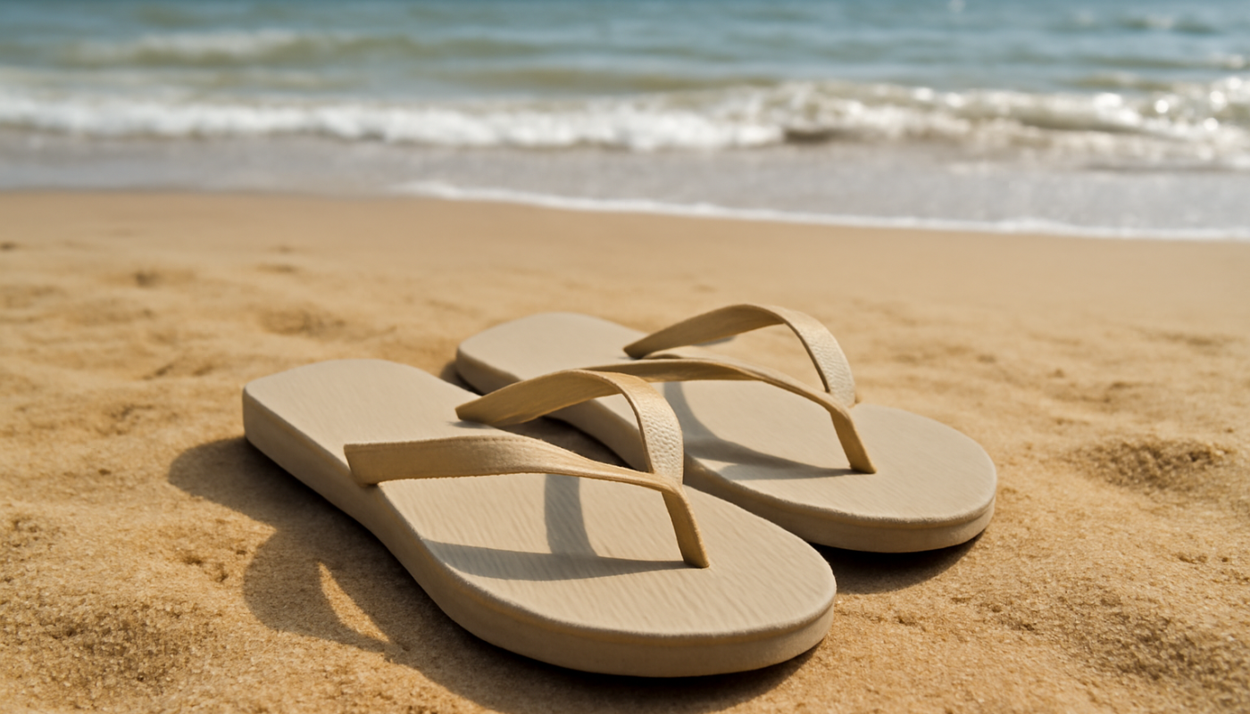 tongs posées sur plage sablonneuse