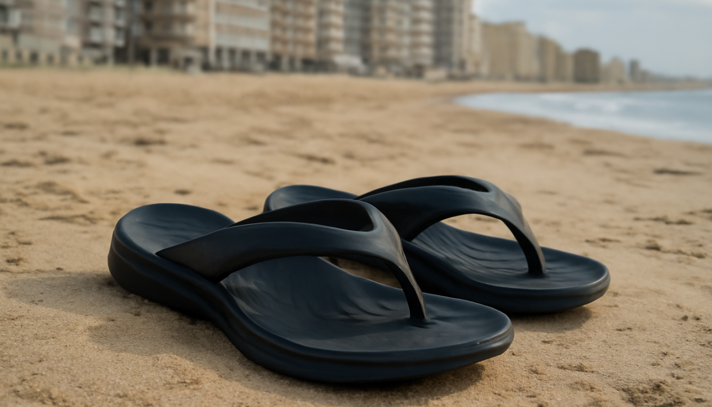 paire de tongs semelle moulée sur plage urbaine