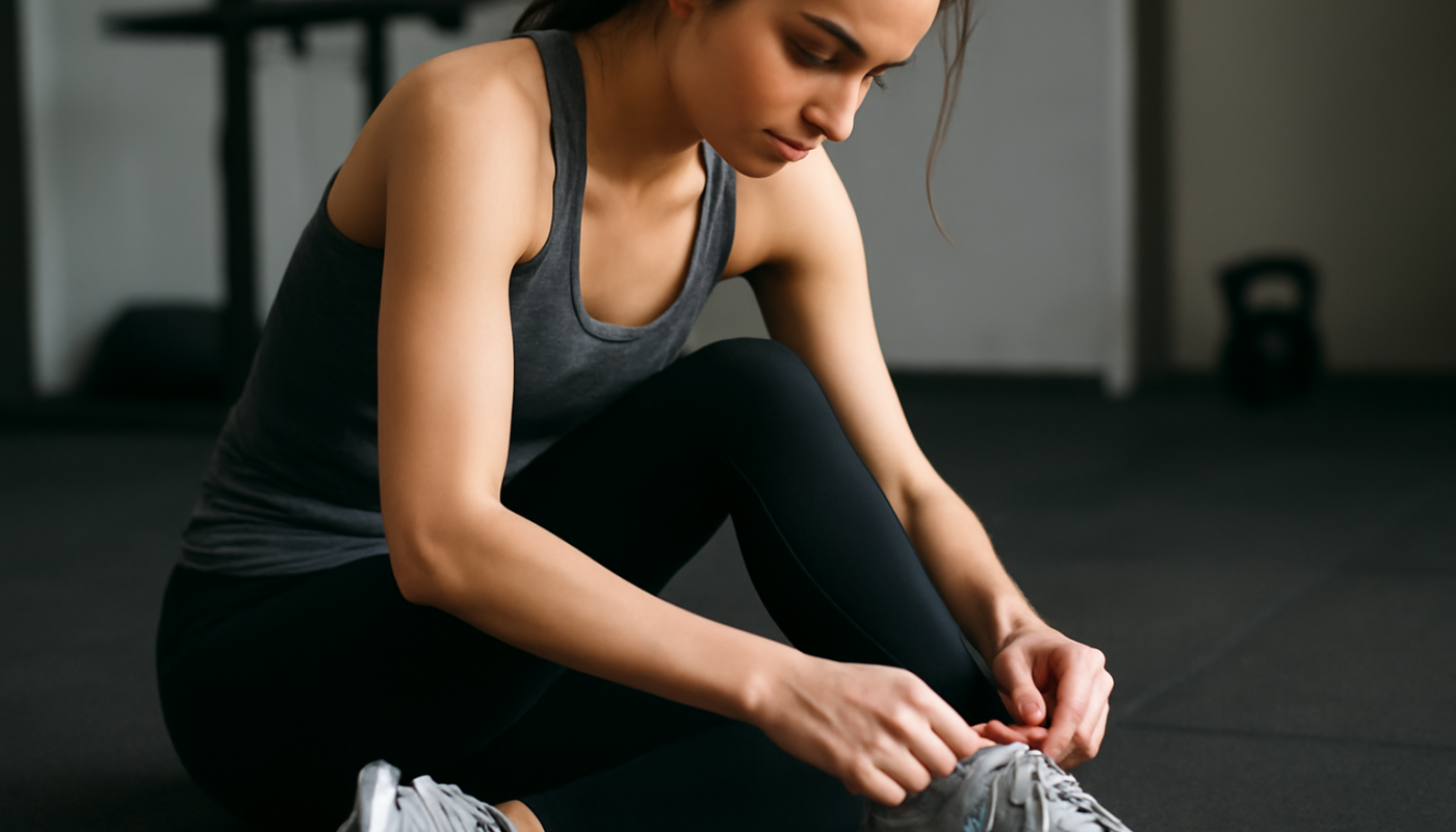 femme attachant lacets baskets de training en salle