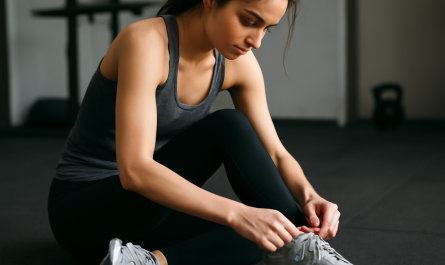 femme attachant lacets baskets de training en salle