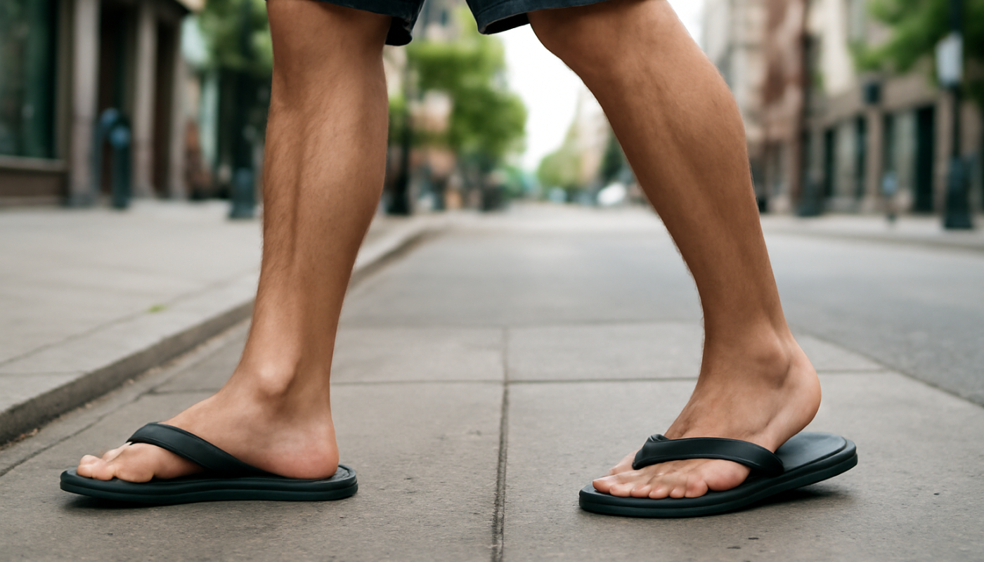 personne marchant en tongs sur trottoir urbain