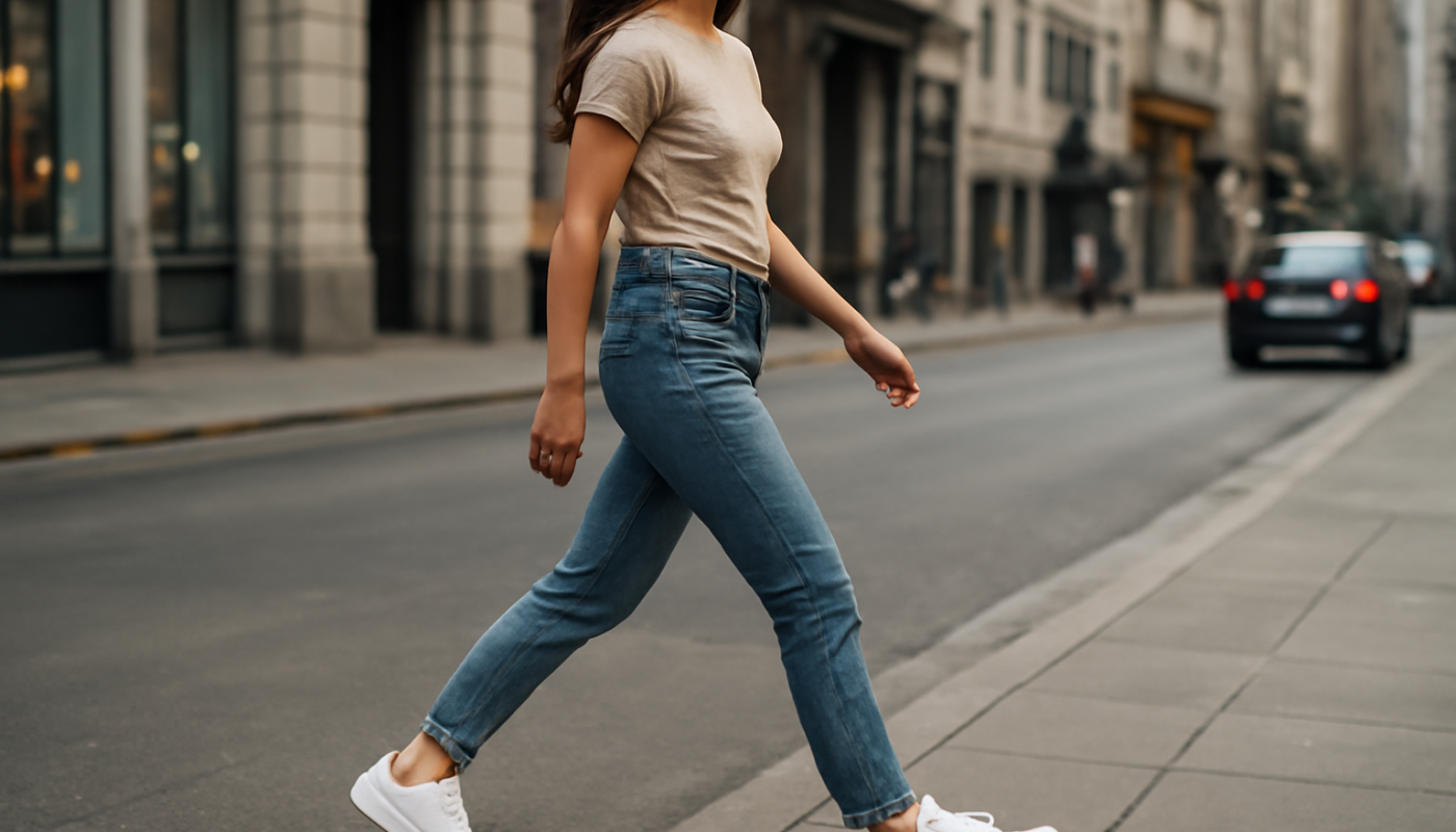 femme marchant en baskets blanches en ville