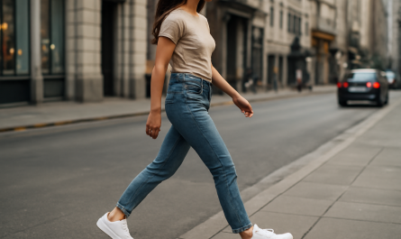 femme marchant en baskets blanches en ville