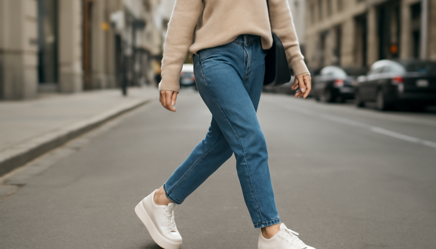 femme en baskets plateforme marchant en ville,mansur-baskets-plateforme