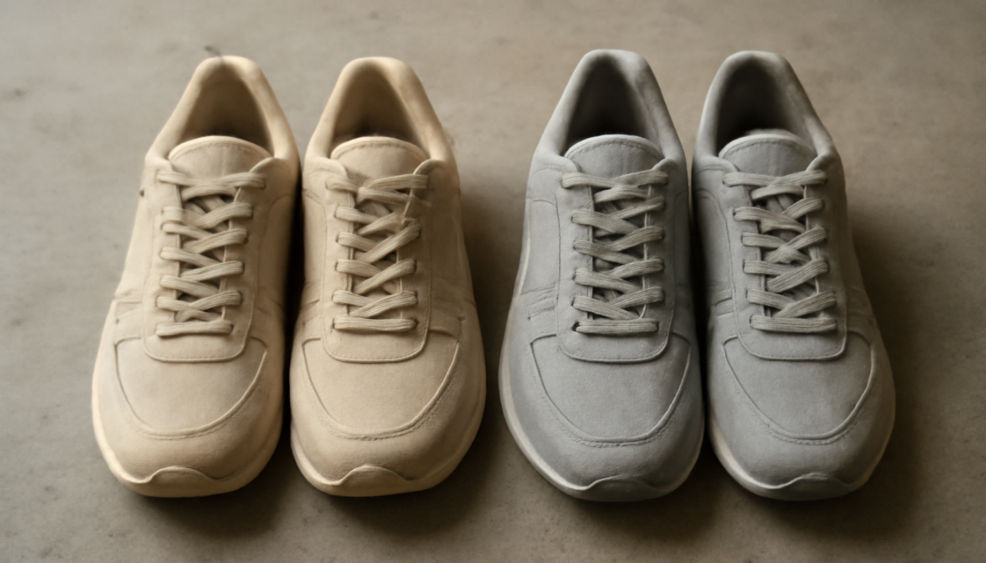 deux paires de baskets cote a cote sur sol