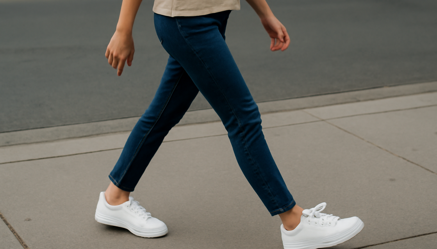 femme marchant en baskets sur trottoir