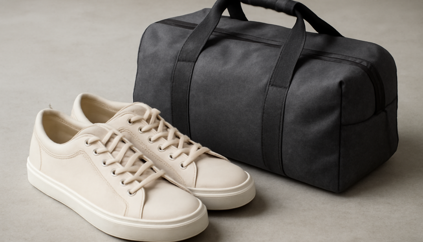 baskets posées près d'un sac de voyage compact
