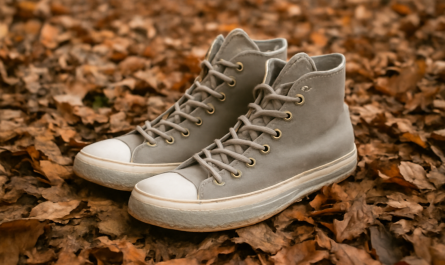 baskets montantes posees sur sol en feuilles
