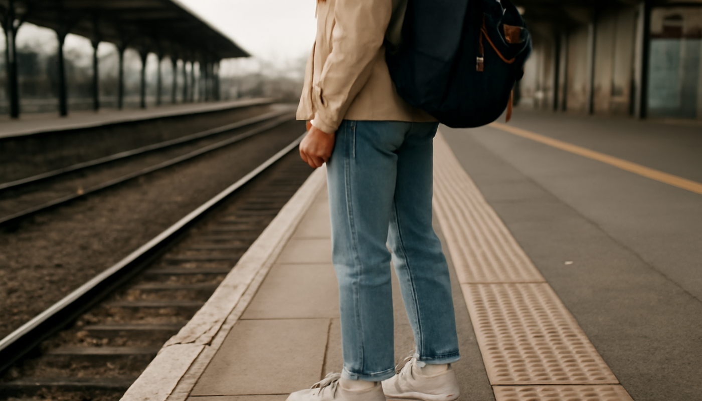 voyageuse portant des baskets sur quai