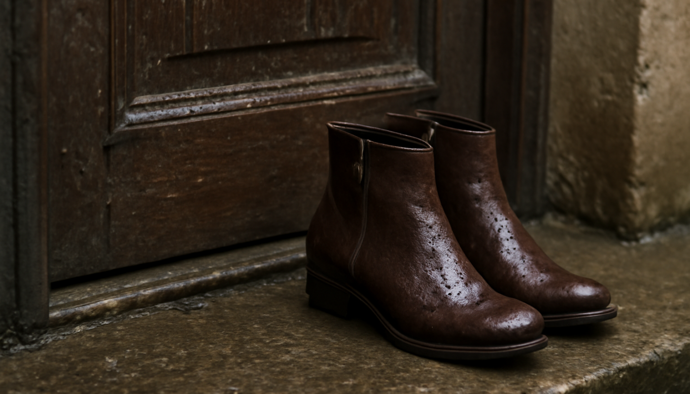 bottines près d'une porte mouillée