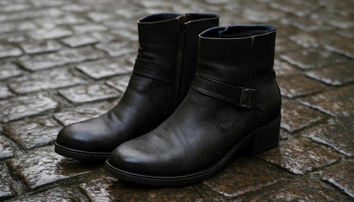 bottines foncées déposées sur pavé humide