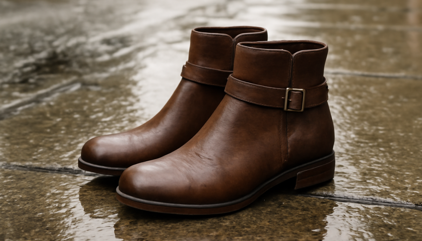 paire de bottines sur trottoir mouillé
