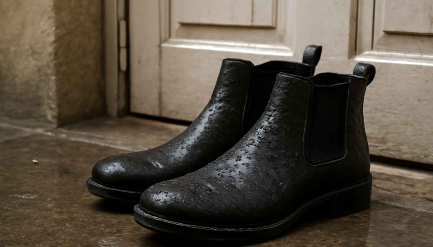 bottines mouillees posees pres d une porte