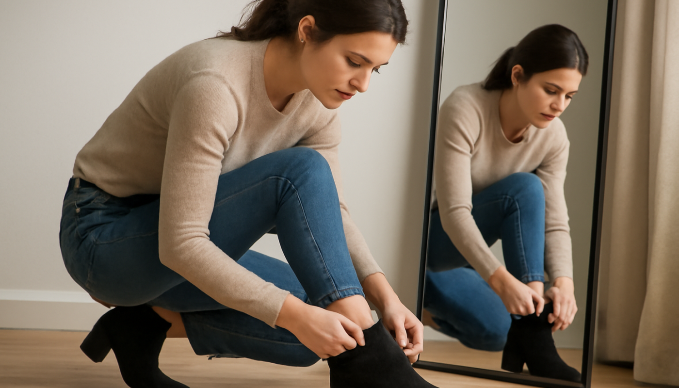 femme ajustant ses bottines devant un miroir