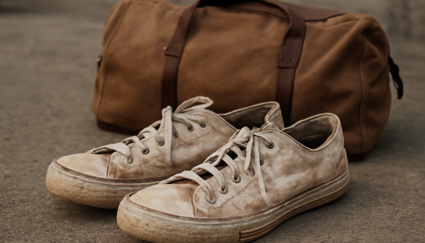 baskets usees a cote d'un sac de voyage