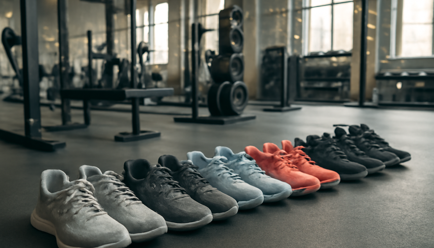 salle de sport avec chaussures alignees au sol