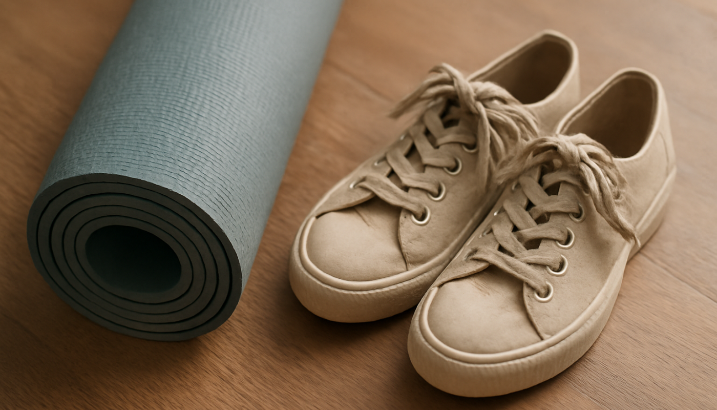 tapis de yoga et baskets posées à côté