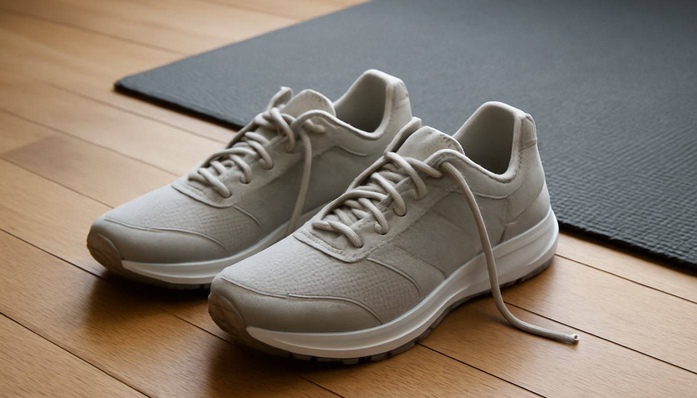 paire de baskets près d'un tapis de gym