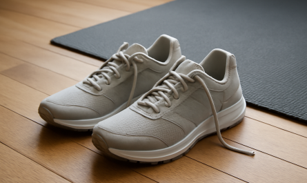 paire de baskets près d'un tapis de gym