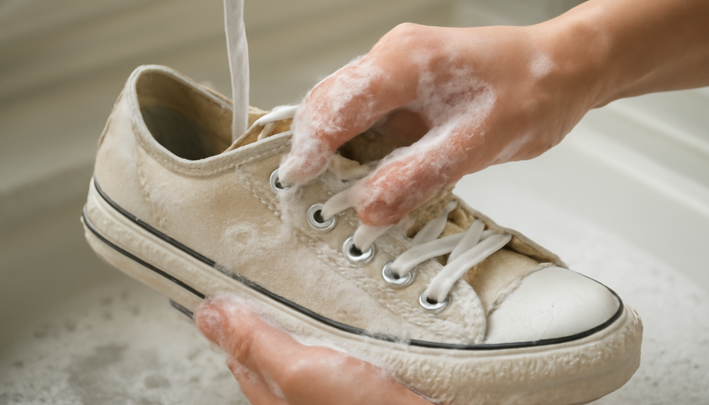 mains lavant délicatement une paire de baskets toile