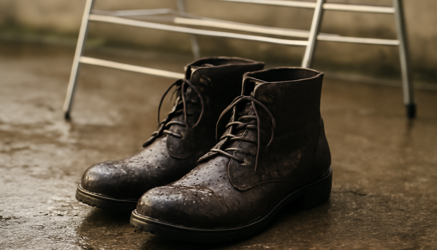 bottines humides posées près d'un étendoir