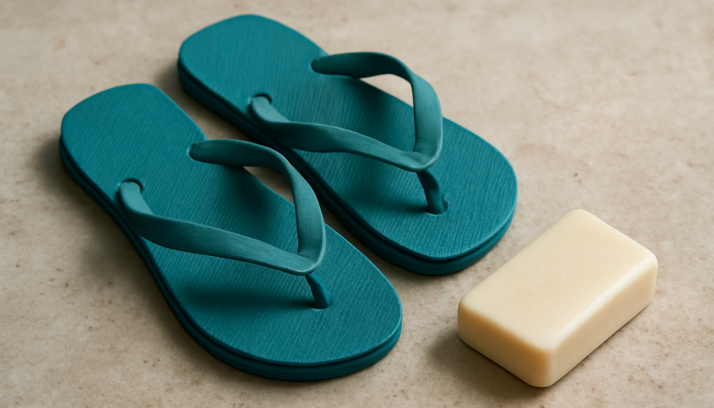 tongs posées près du savon