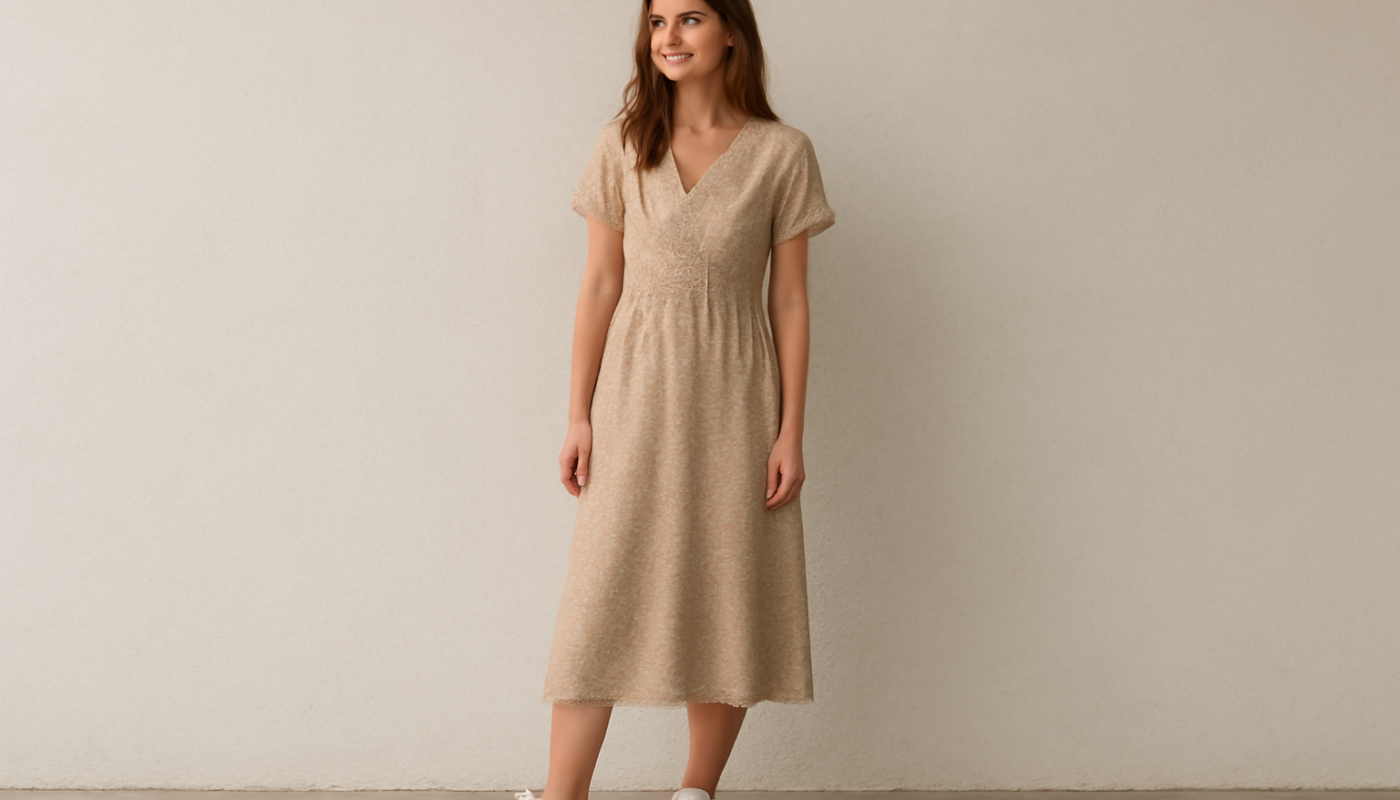 femme portant robe midi et baskets blanches