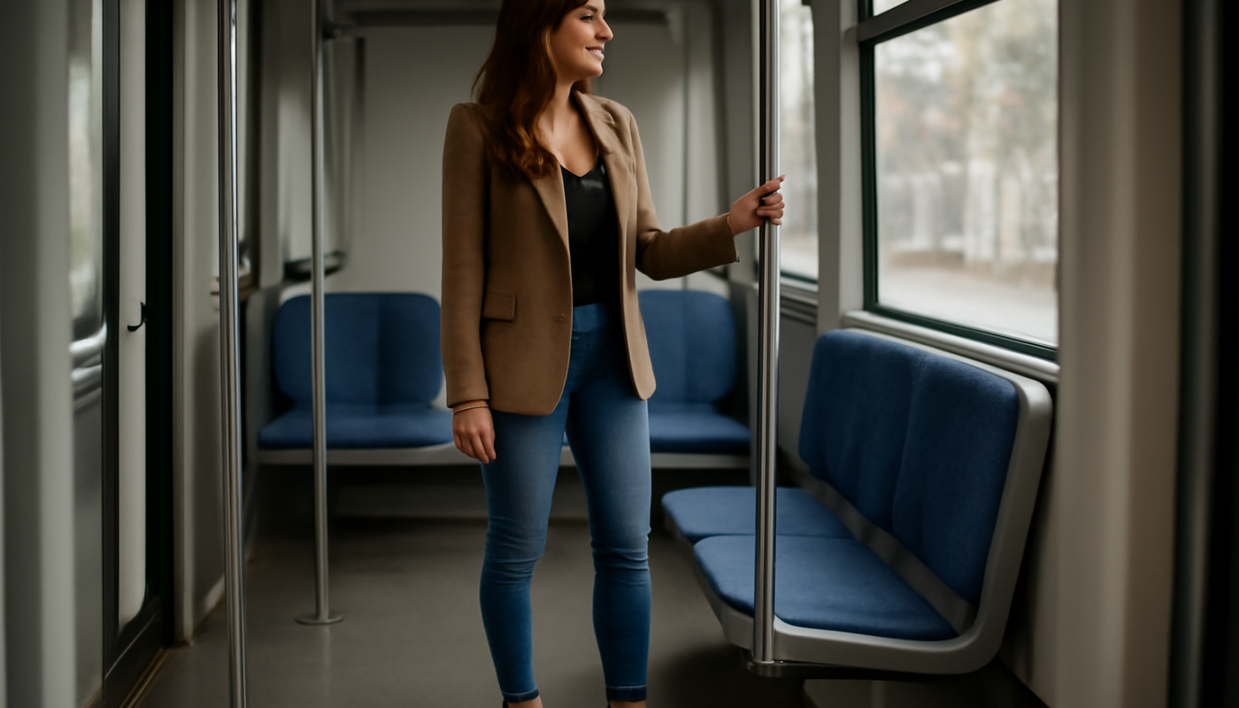 femme debout en talons dans transport