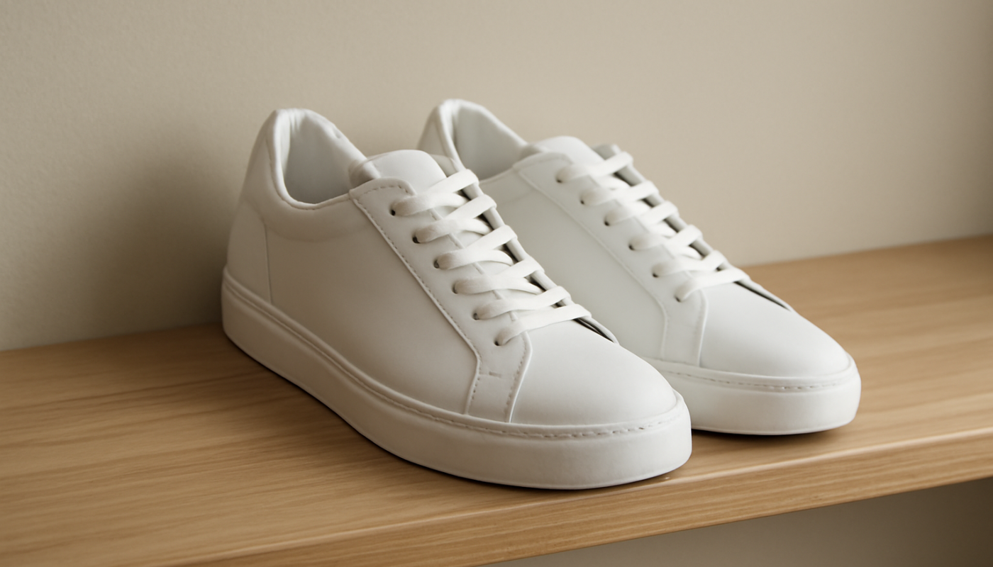 paire de baskets blanches posees sur etagere