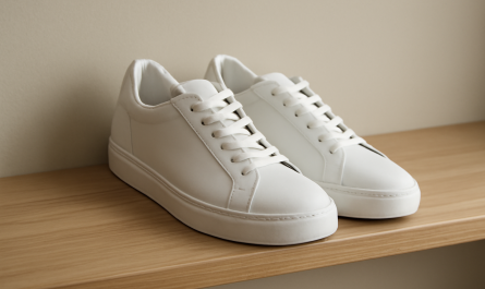 paire de baskets blanches posees sur etagere