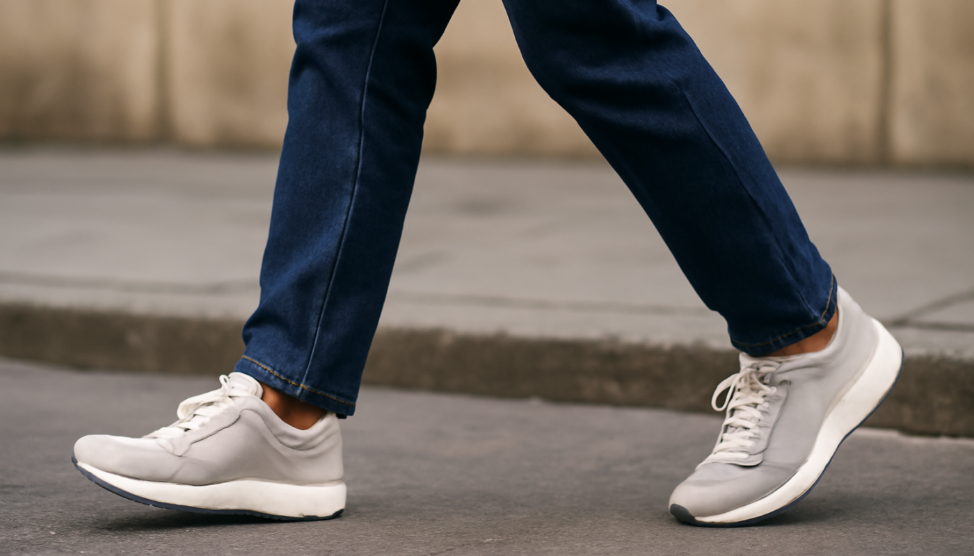 personne marchant en baskets sur trottoir