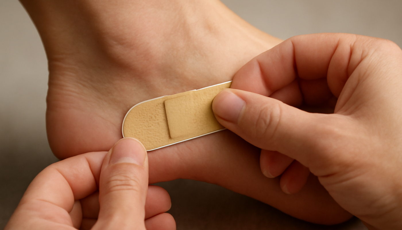 mains appliquant pansement sur talon