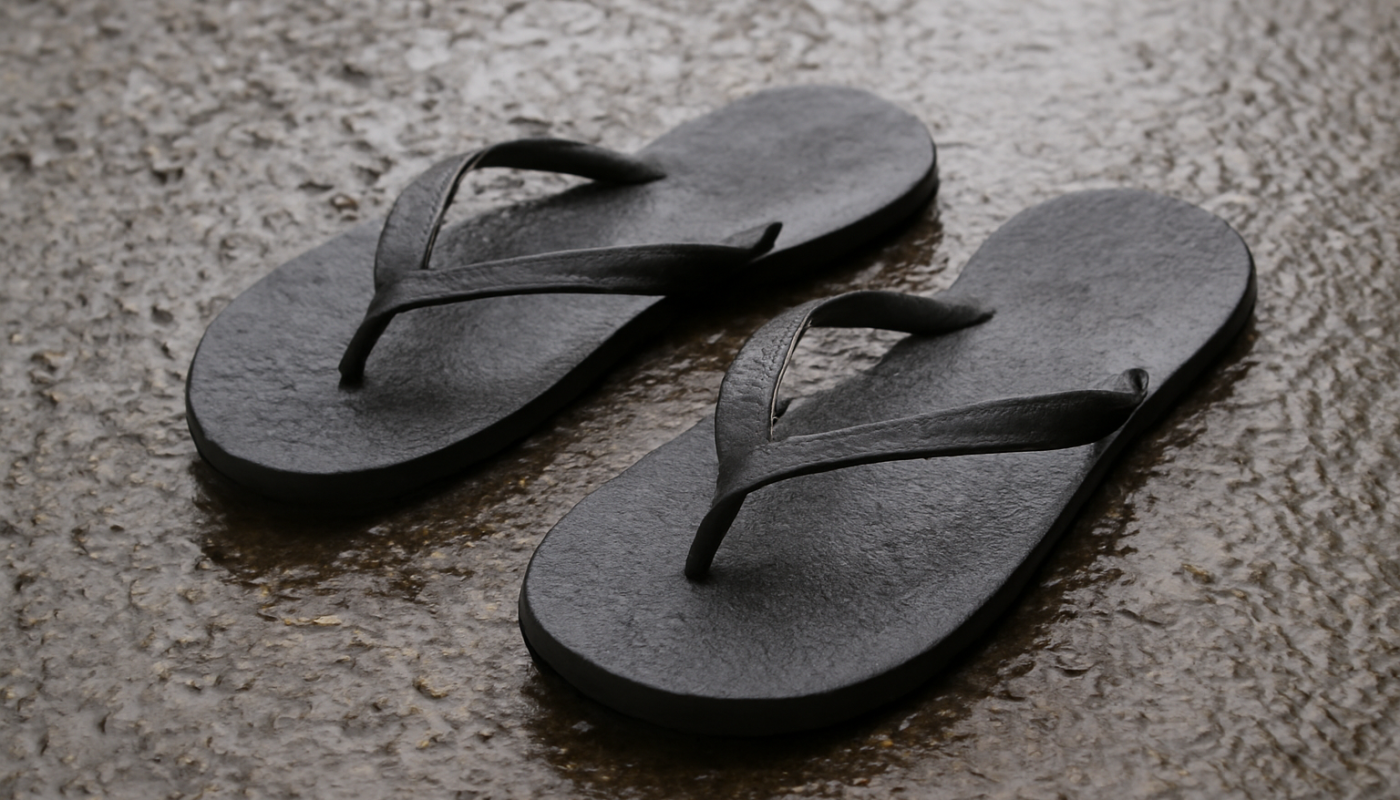 tongs posées sur sol humide texturé