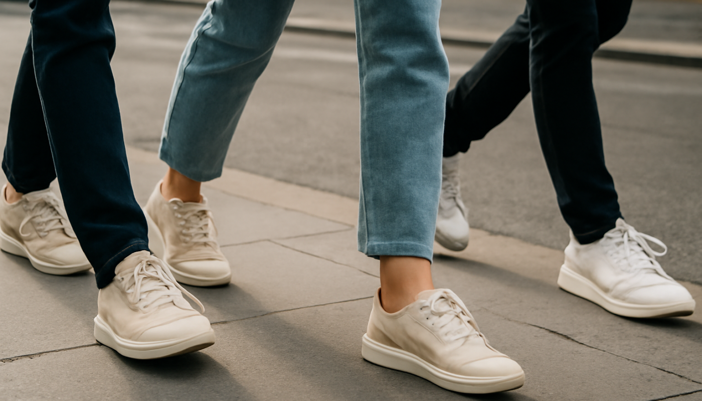 personnes marchant en baskets dans la rue