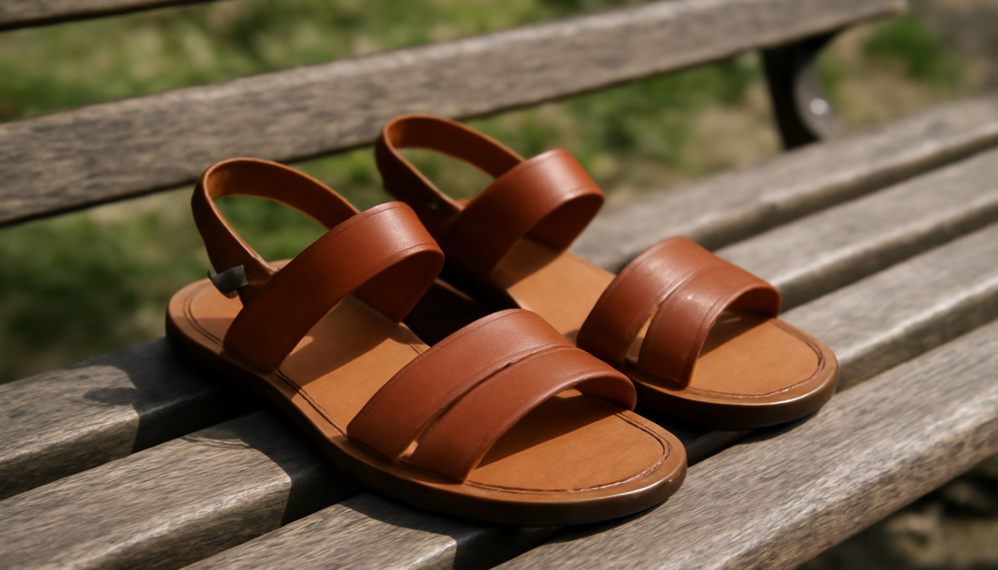 paire de sandales en cuir posees sur banc