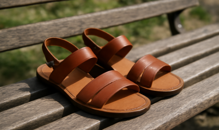 paire de sandales en cuir posees sur banc