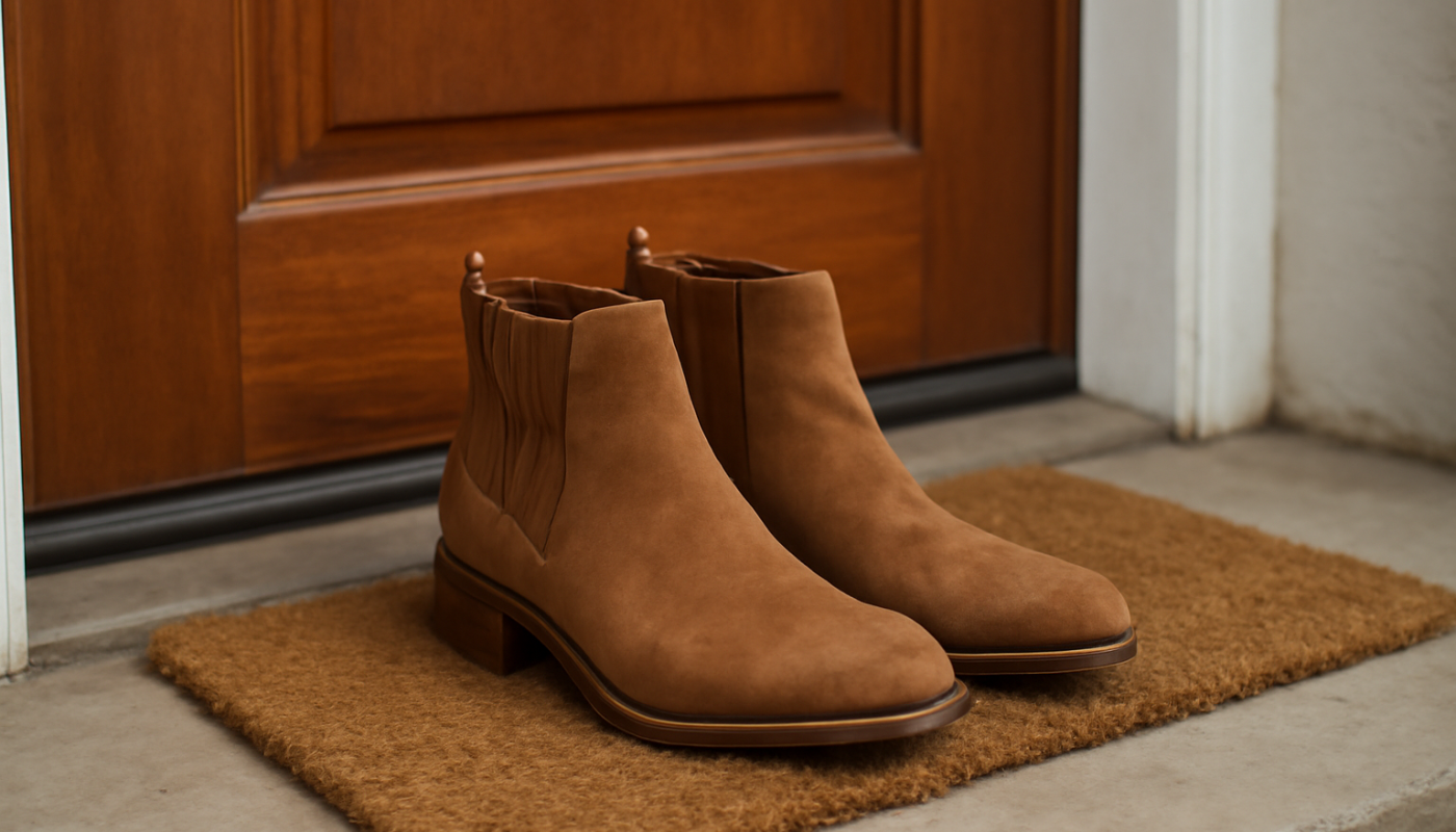 bottines posees pres d'une porte d'entree