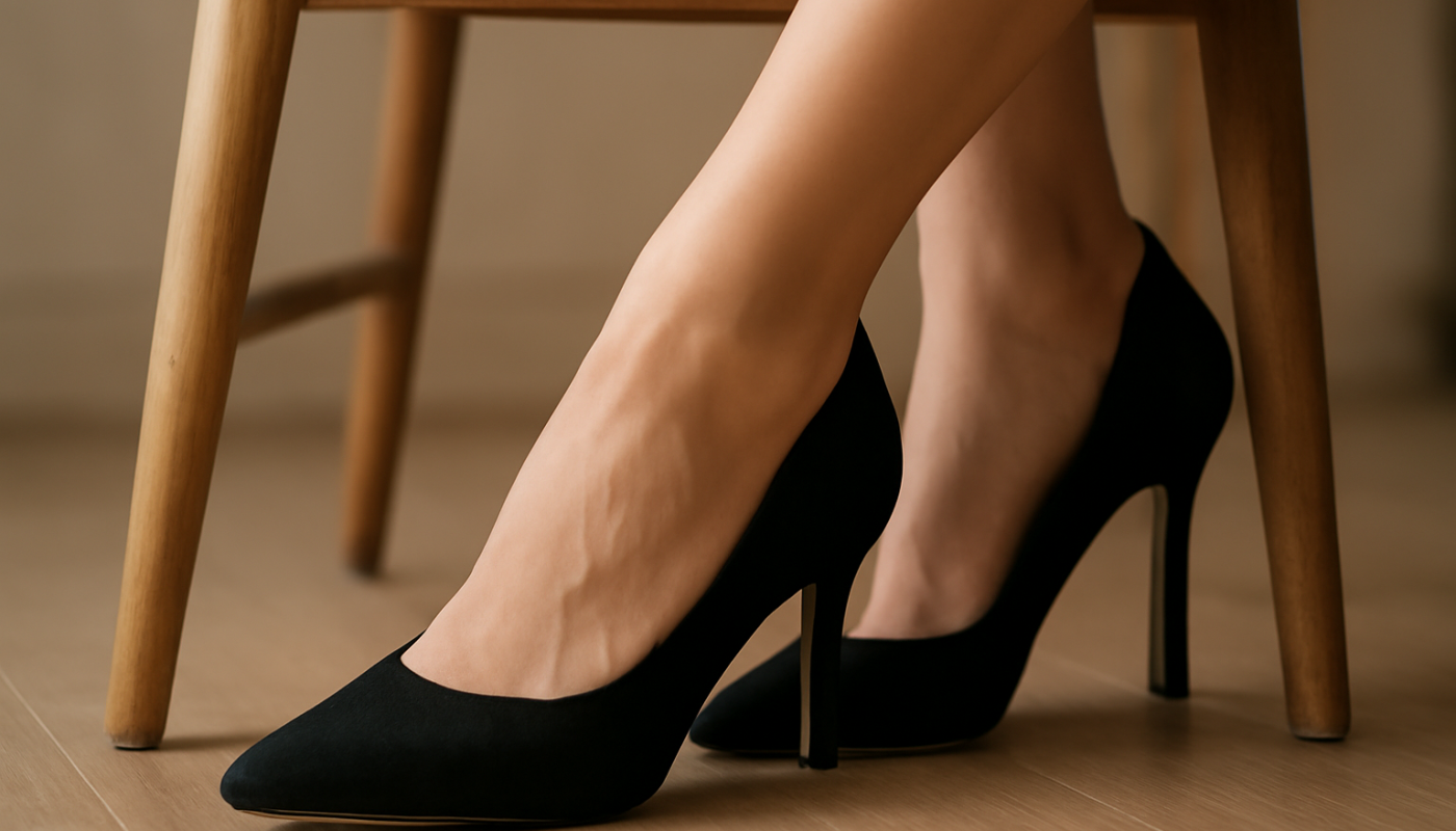 pieds portant des escarpins sous une chaise