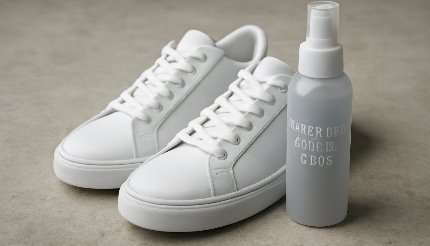 baskets blanches et spray protecteur