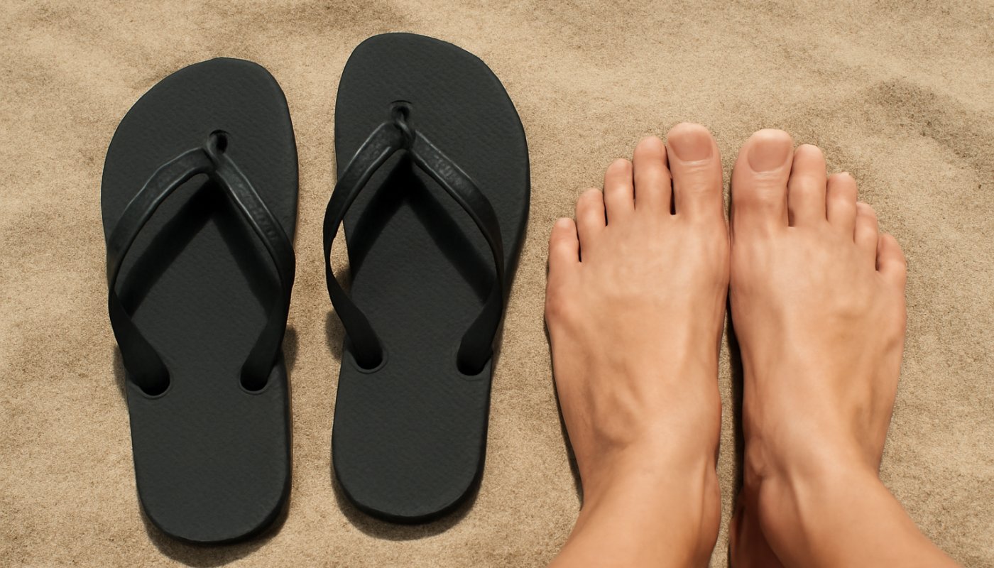 tongs posées près d'orteils sur sable fin