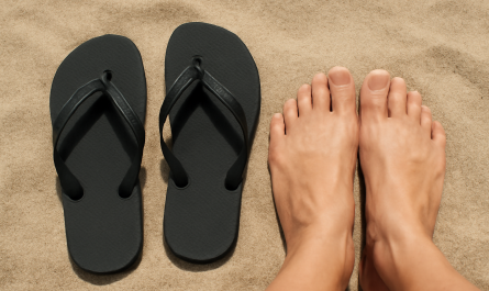 tongs posées près d'orteils sur sable fin